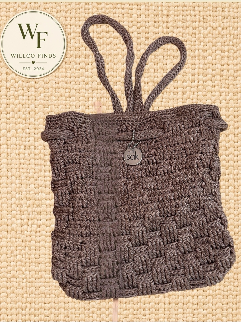 The Sak Brown Taupe Crochet Drawstring Mini Backpack Purse Boho Y2K